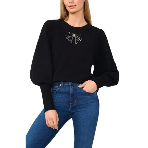 NWT CECE CREW NECK LONG PUFF SLEEVE RHINESTONE BOW KNIT SWEATER SMALL - Picture 1 of 11